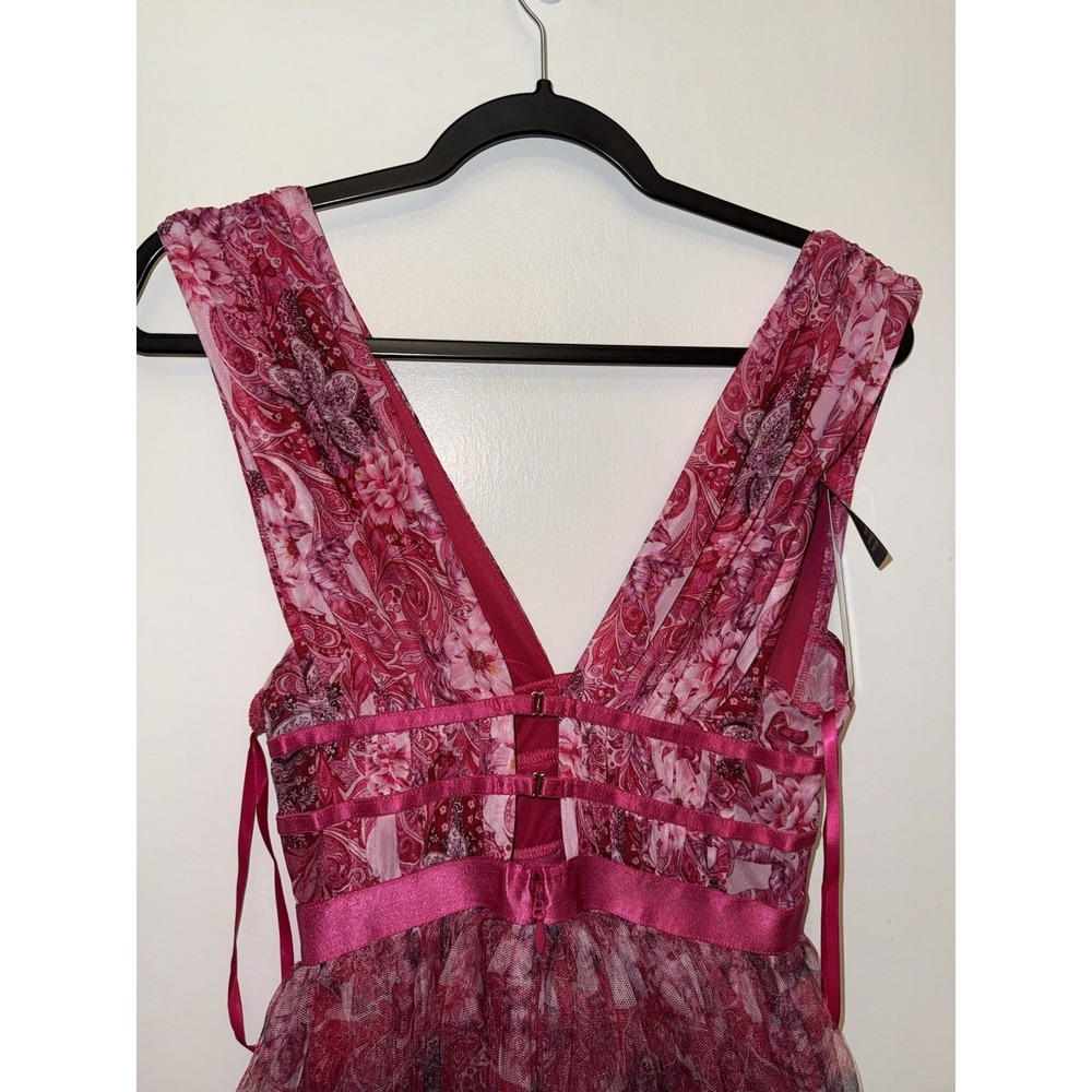 NWT Bebe Tiered High Low Mesh Maxi Dress Pink Floral Paisley Gown Size Small - Picture 7 of 10